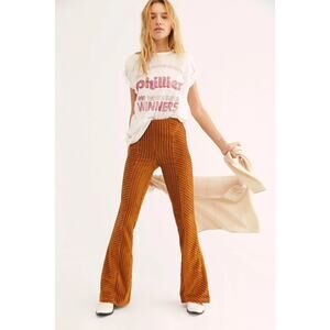Free People High Waisted Slim Pull-On Velvet Flare Pants Gold Brown Women's M